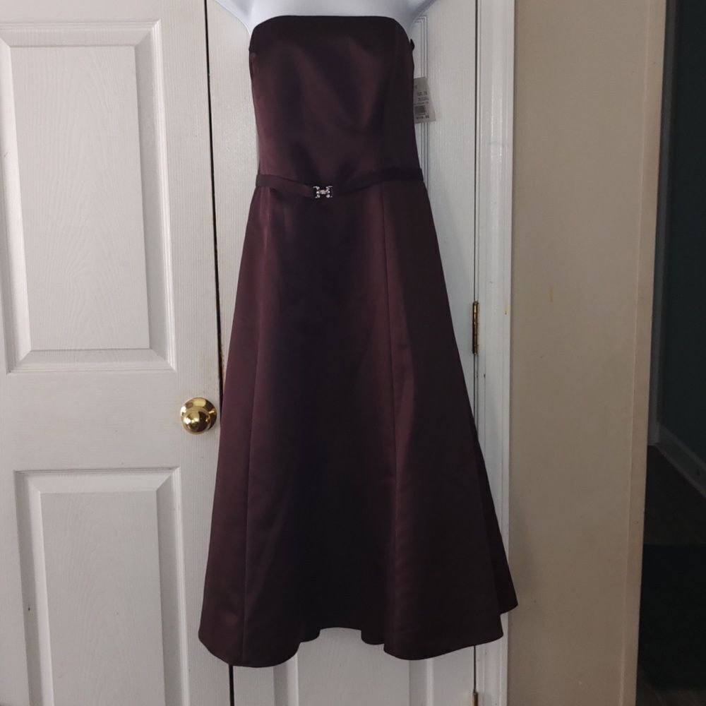Michaelangelo strapless brown belted tea length prom formal ball dress Sz 12 NWT